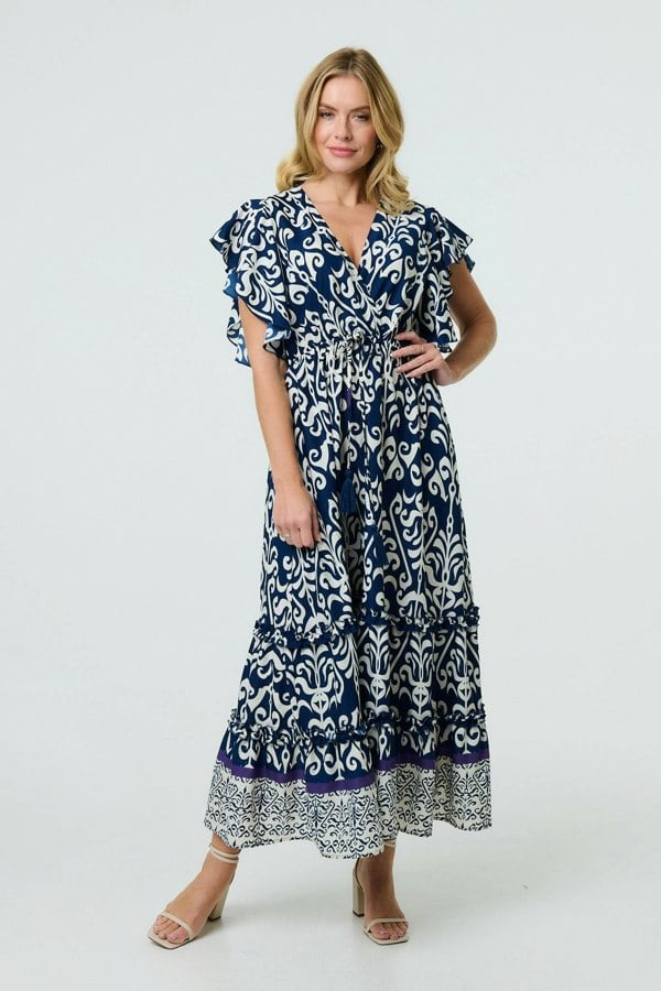 Navy | Mosaic Print Ruffle Batwing Sleeve Maxi Dress
