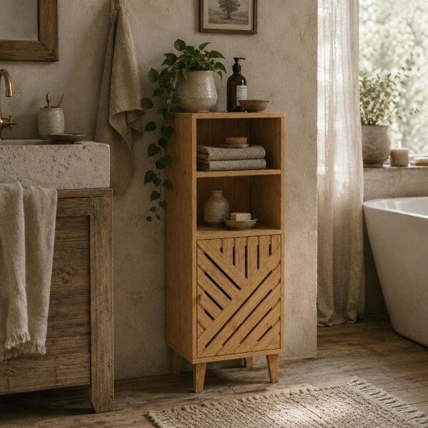 Wyld Haus Mire Slim Freestanding Bathroom Storage Cabinet With Bamboo Door Legs And OFauxn Compartments Natural Wood Finish