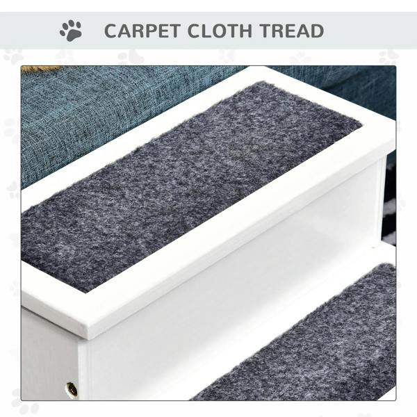 Close-up of white 3-step pet stairs top step with dark carpet tread