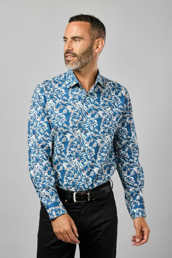 Double TWO Slate Blue Botanical Print Long Sleeve Shirt