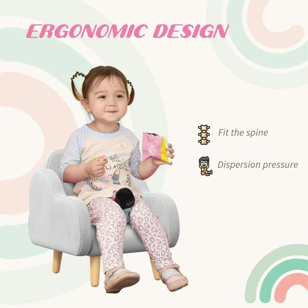 Grey toddler armchair with armrests and light wood legs, child sitting