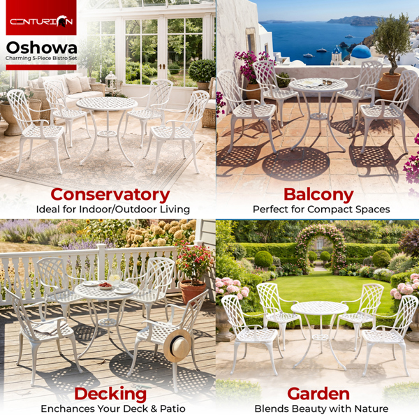 Centurion Supports OSHOWA Luxurious Garden and Patio Table and 4 Large Chairs with Armrests Cast Aluminium Bistro Set - White