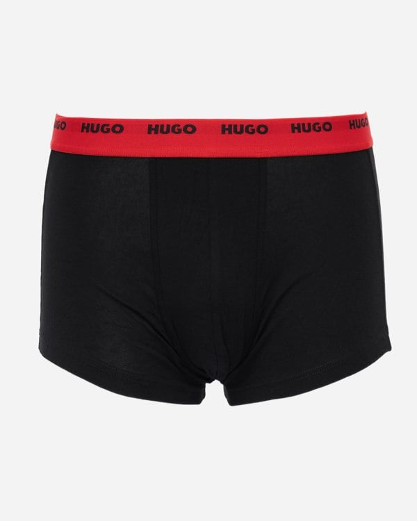 studio shot of HUGO 5-Pack Mens Stretch-Cotton Trunks with Logo Waistbands in red and black