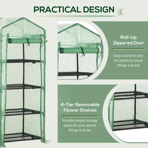 Portable 4-tier greenhouse with roll-up zippered door and removable plant shelves