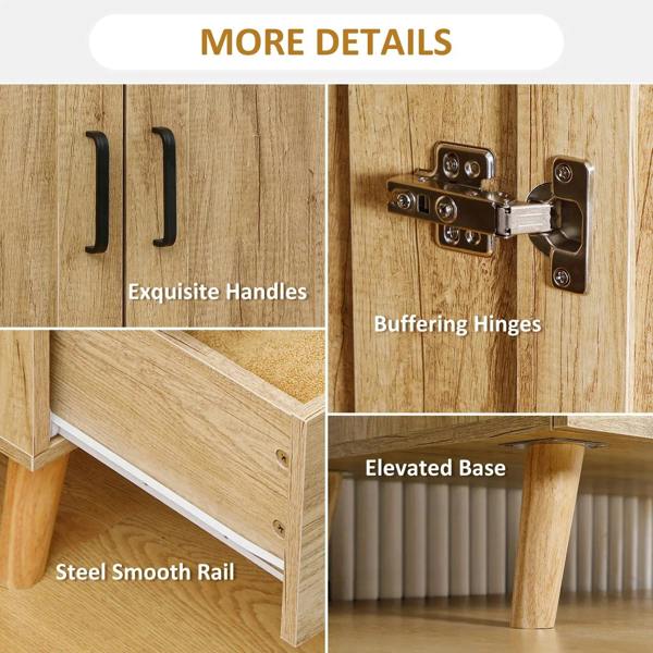 Natural wood wardrobe details: black handles, buffering hinges, elevated base, steel rail