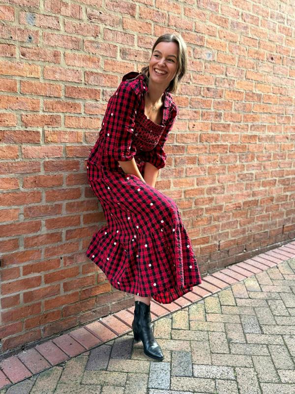 Rose & Nancy Steffi Red and Black Daisy Embroidered Check Maxi Dress
