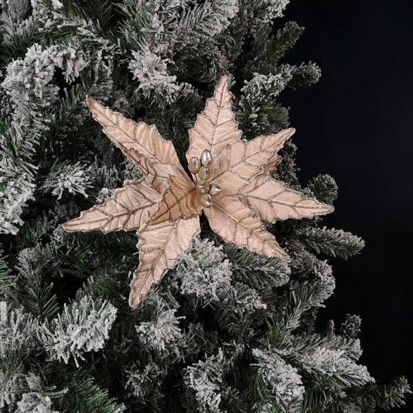 Samuel Alexander 50cm Champagne Velvet Poinsettia Stem with Glitter Christmas Decoration