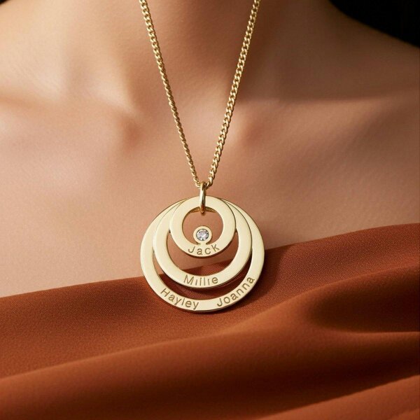 Christopher James of London 9ct Yellow Gold Plated Triple Disc Personalised Family Circle Necklace With Diamond or Crystal