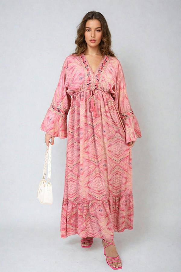Melissa Printed Long V-neck Ruffled Hem Maxi Dress - Pink