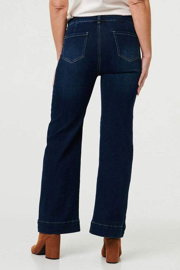 Blue | Pocket Detail High Waist Wide Jeans
