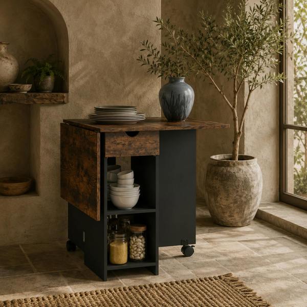 Wyld Haus Barretti Wooden Rustic Brown Folding Drop Leaf Dining Table With Drawer And Storage Shelves