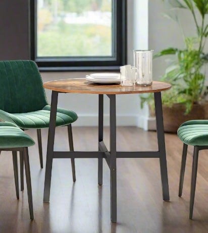 Modcraft Round Dining Table, Rustic Brown Top with Black Steel Frame, Industrial Style for Kitchen or Office