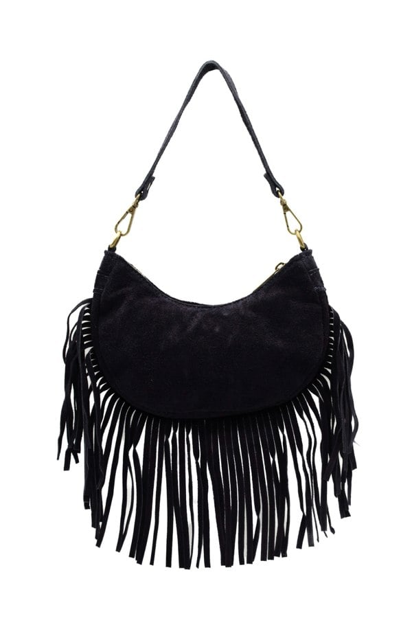 Kitise Small Genuine Italian Suede Fringed Crossbody Shoulder Bag