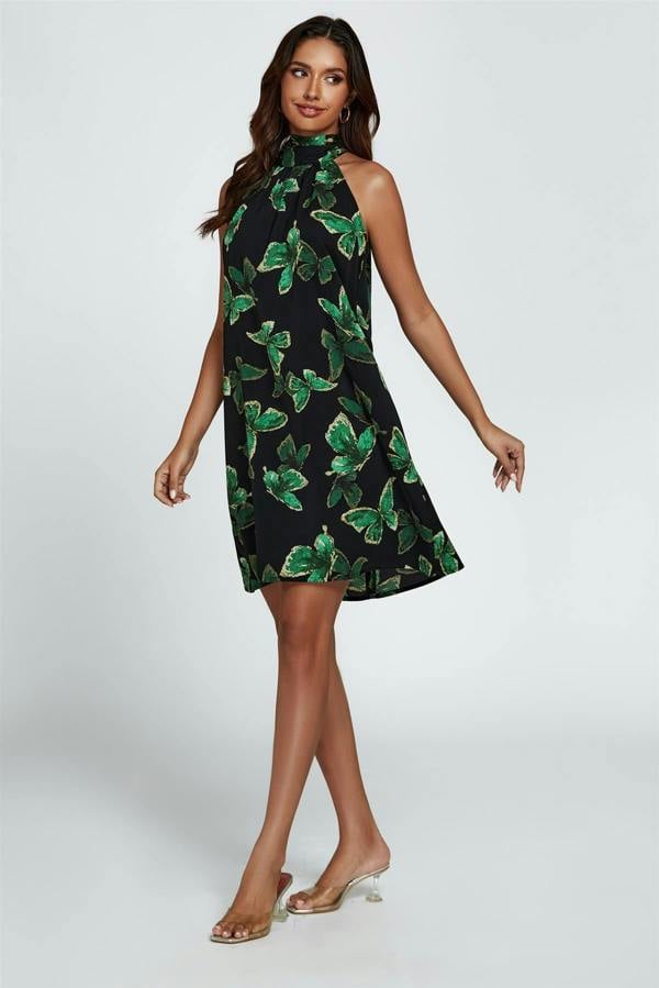FS Collection Butterfly Print Halter Neck Tie Back Mini Dress In Green