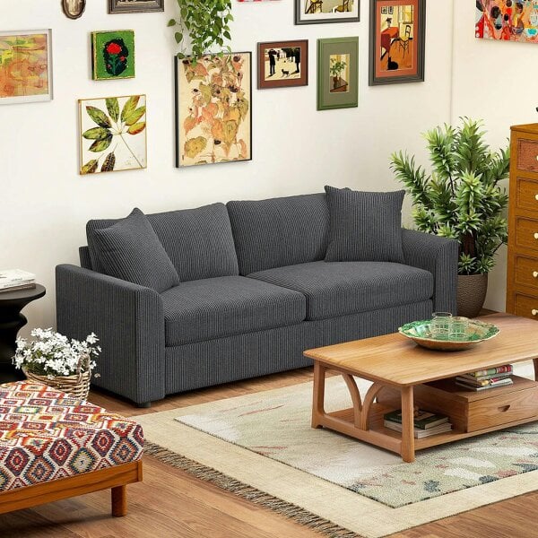 Bobobiy Modern 3 Seater Sofa with Spring Cushion, 212 cm Fabric Jumbo Cord Sofa Couch with 2 Scatter Cushions, Upholstered Corduroy Settee, Grey