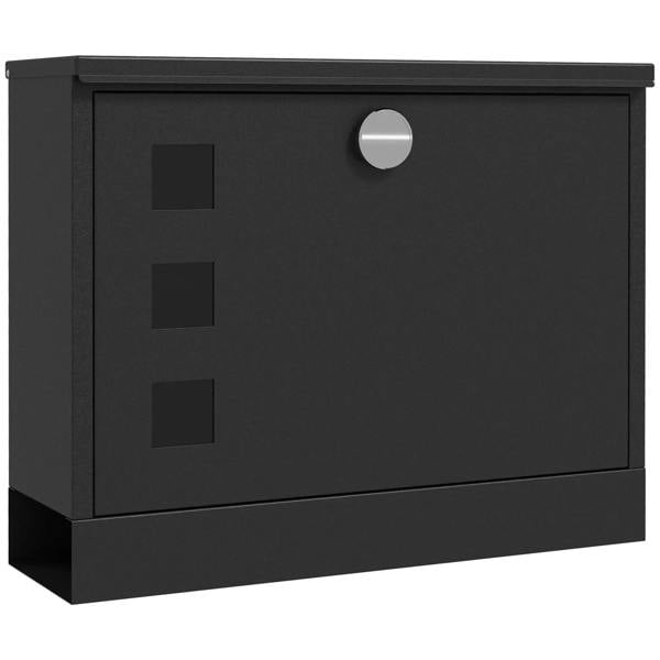Wall-mounted black letterbox with front viewing windows and round key lock