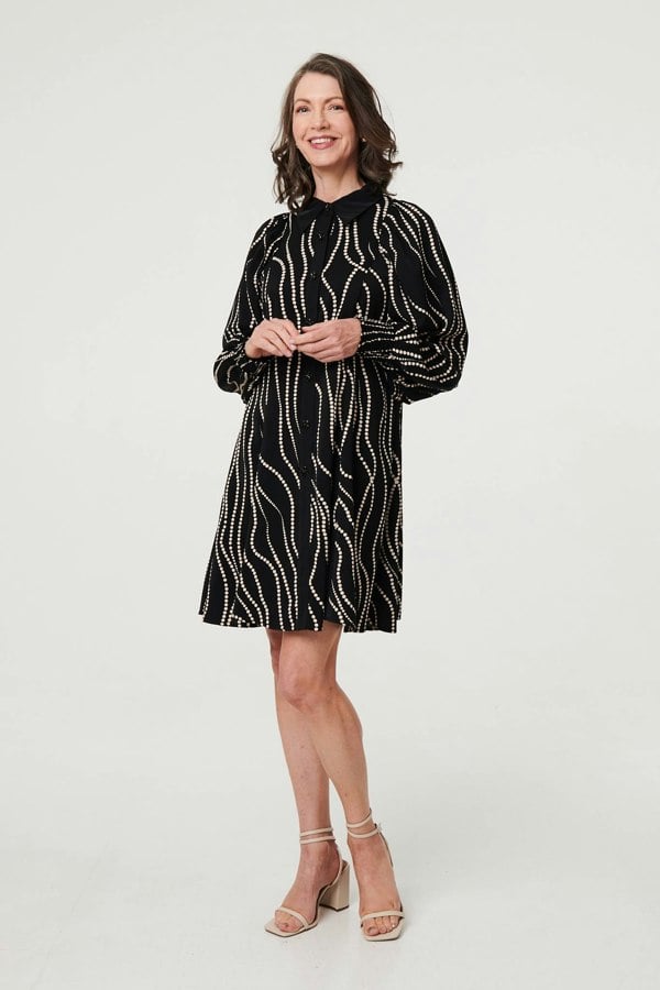 Black | Printed Long Sleeve Shirt Short Dress

