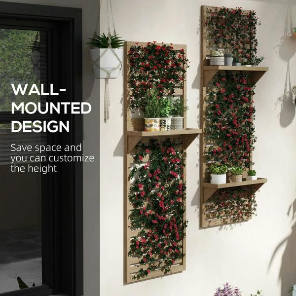Wall-mounted fir wood plant stand set with slatted trellis frame and tiered shelves