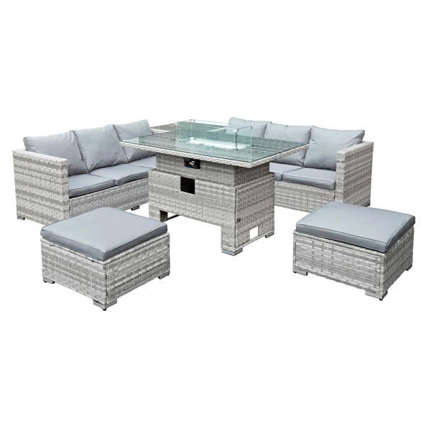 malta rattan 8 seat rising firepit corner set in dove grey with 2 footstools
