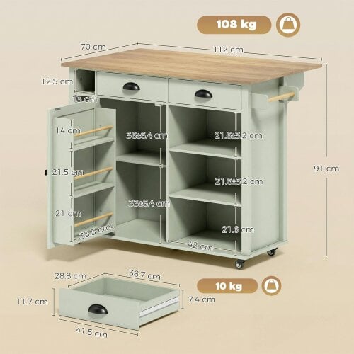 HOMCOM Rolling Kitchen Island on Wheels with Drop Leaf, Light Green