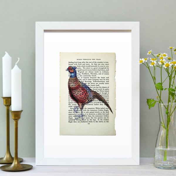 Hands & Hearts Pheasant vintage book page art print