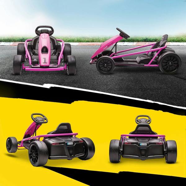Pink kids electric go-kart multi-angle view with front and rear details