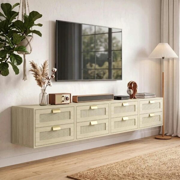 Modern Floating Nightstands Set of 2, Wall Mounted Bedside Tables with 2 Drawers, Oak
