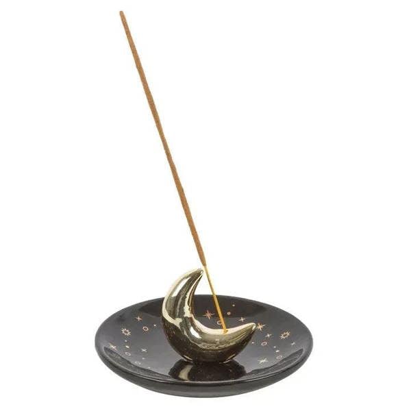 Gold crescent moon incense holder, star pattern with incense stick