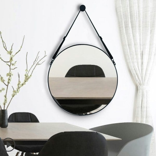 Retro Round Hanging Mirror with Adjustable Leather Strap Wall Mirrors Living and Home 70CM