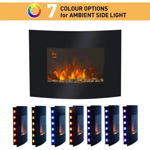 Led Wall Mounted Fireplace Curved Glass Electric Fire Place Fire Place 7 Colour Side Lights Slimline, 900/1800W, 65cm x 52cm
