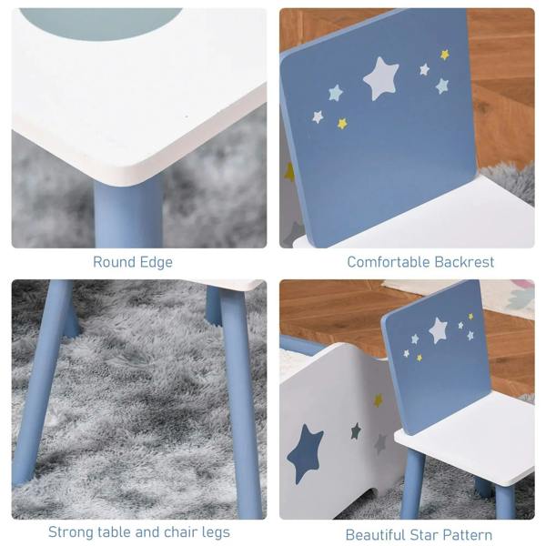 Kids table and chair set with rounded edges, sturdy legs, and star-pattern backrest