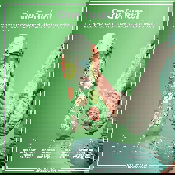 A light-green water bottle, decorated with drawings, is held; its flip top opens one-handed. The bottle is shown against a green backdrop. "One Touch. Flip top opens one-handed with a simple click. SLIM RECYCLON™"