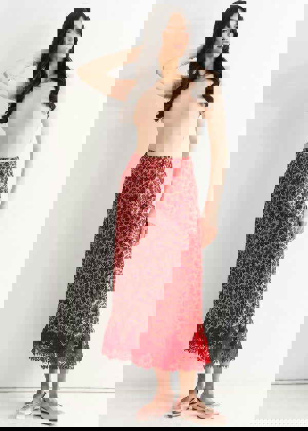 Gini London Red Floral Lace Trim Bias Midi Skirt