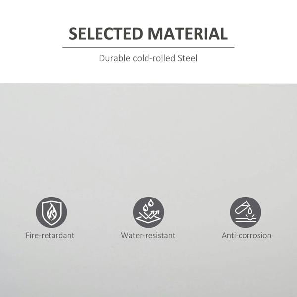 Cold-rolled steel filing cabinet material icons: fire-retardant, water-resistant, anti-corrosion.