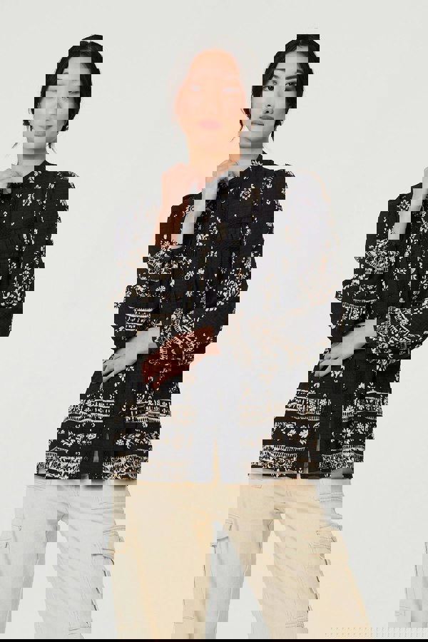 Black | Printed Lace Trim Long Sleeve Blouse
