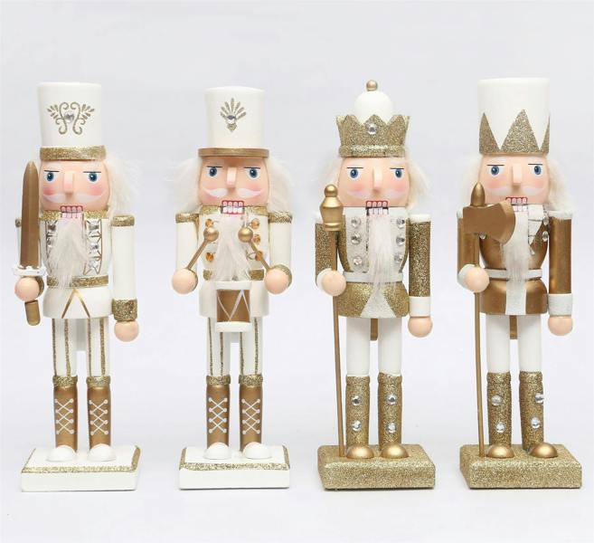 25cm Wooden Nutcracker Soldier Christmas Ornament Set of 4, Gold Hand-Painted Standing Decorations image 9
