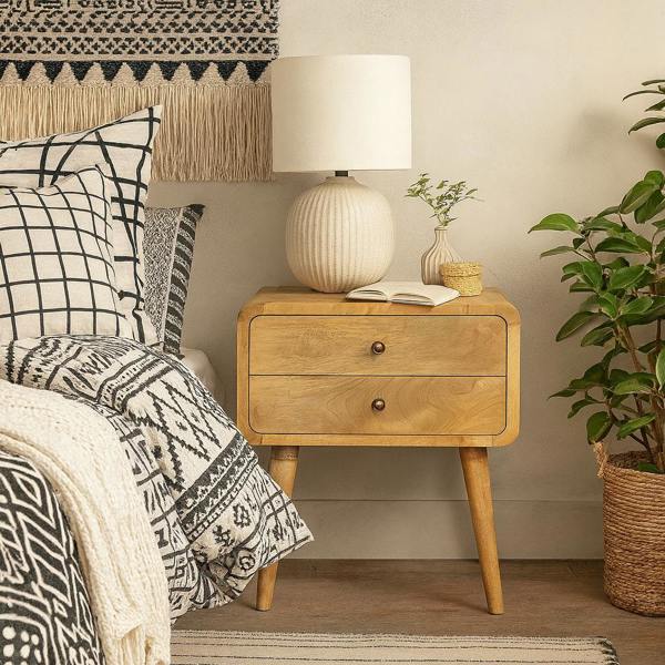 Wyld Haus Trapani Curved Oak Mango Wood Bedside Table 2 Drawers