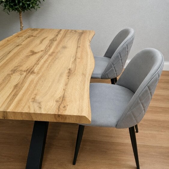 Kosy Koala Rustic Wood-Effect Wavy X Shaped Legs Dining Table Set with 4 Grey Velvet Chairs