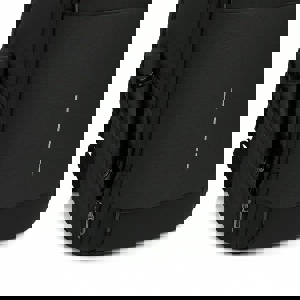 Black travel commuter backpack with a water bottle holder on a white background