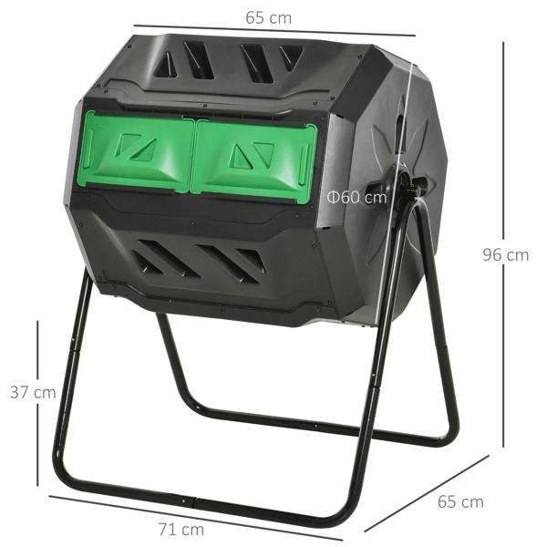 Black dual-chamber composter with green front doors and side handle
