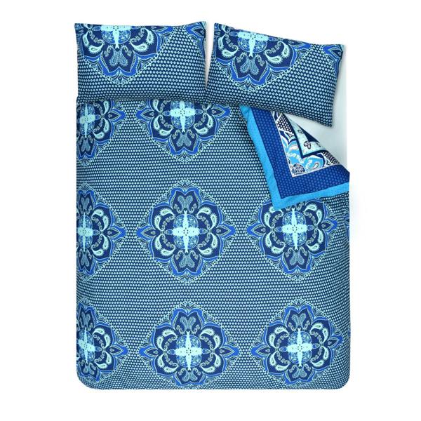 Smart Living Reversible Polycotton Paisley Mandala Duvet Cover and Pillowcase Set - Blue
