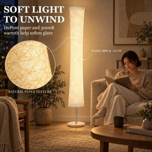 HOMCOM 152 cm Modern Dimmable Standing Lamp with Pine Wood Base, White