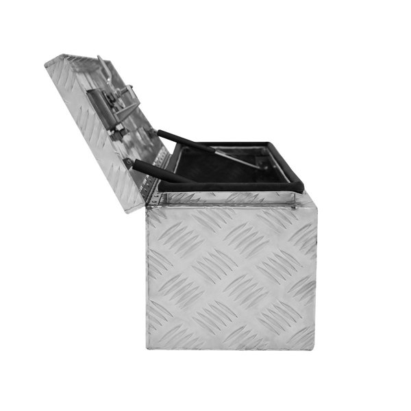 Aluminium tool box 35L in a small size with a textured diamond plate design, featuring an open lid and sturdy black handles