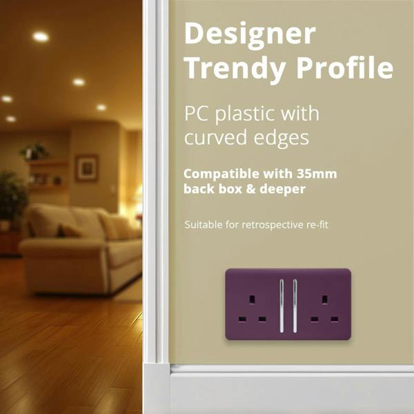 Trendi Switch 2 Gang Long Switched Plug Socket in Plum Purple