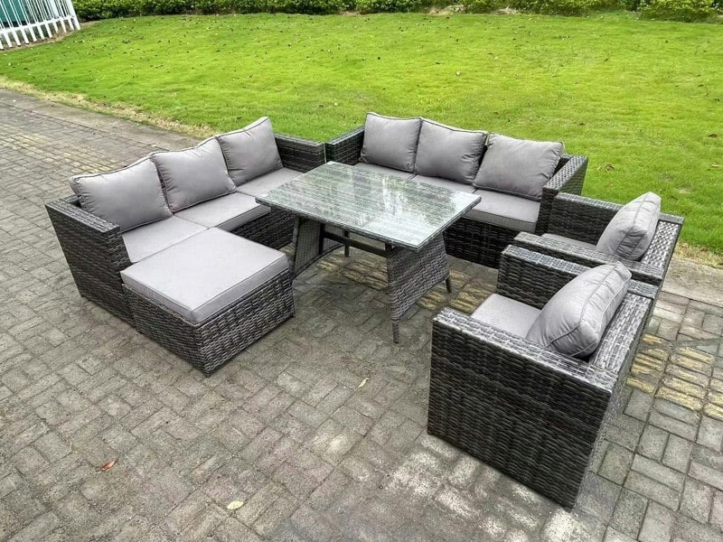 Fimous 8 Seater Rattan Outdoor Furniture Sofa Garden Dining Set with Patio Dining Table 2 Armchairs Big Footstools Dark Grey Mixed
