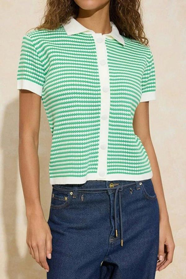 Hoxton Gal Striped Polo Neck Knit Mid-Length Blouse