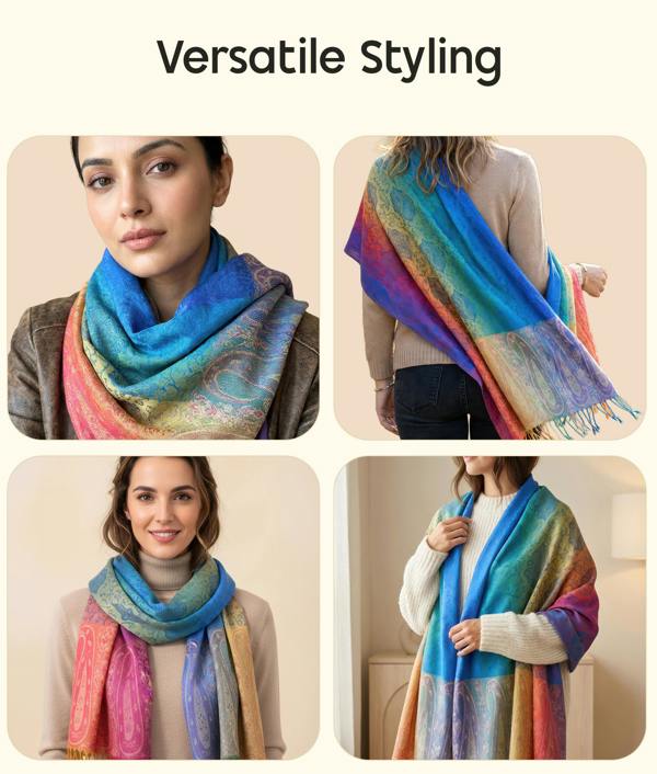 VIA MONTEN Women’s Gradient Pashmina Style Scarf, Oversized Jacquard Shawl Wrap with Fringe and Paisley Pattern