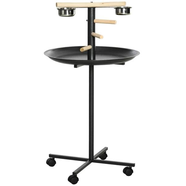 Large black parrot perch stand with round tray, wooden perches, and 2 stainless bowls