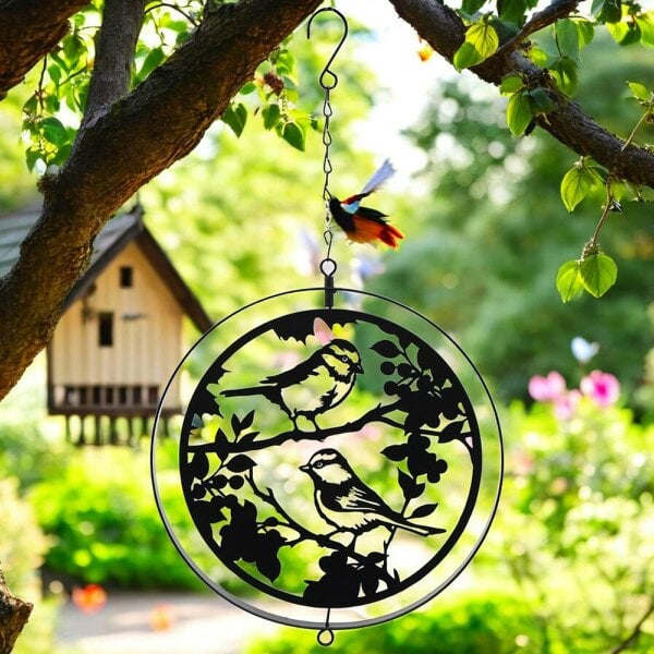 EDH Door Hardware Black Metal Blue Tit Orbit Spinner - Elegant Kinetic Silhouette Décor for Indoor  Outdoor Spaces