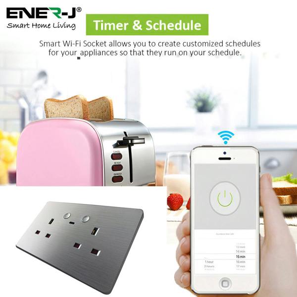 ENER-J smart wall socket timer and scheduling feature controlling kitchen appliances via mobile app